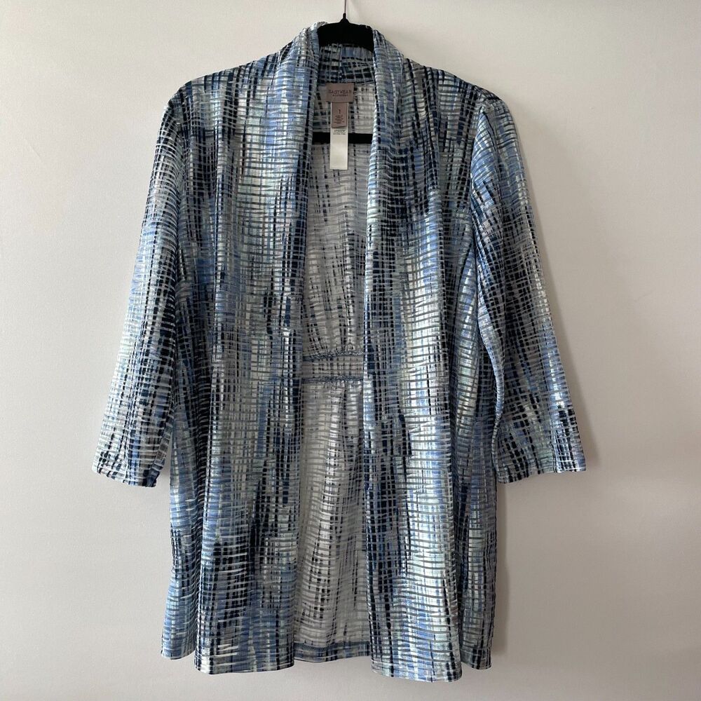 Chico’s Easywear Open Front Cardigan Size 1, M Blue Abstract Print 3/4 Sleeve